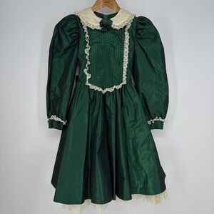 Vtg Miele from Canada Girls 10 Dark Green Taffeta Lace Trim Party Dress Costume